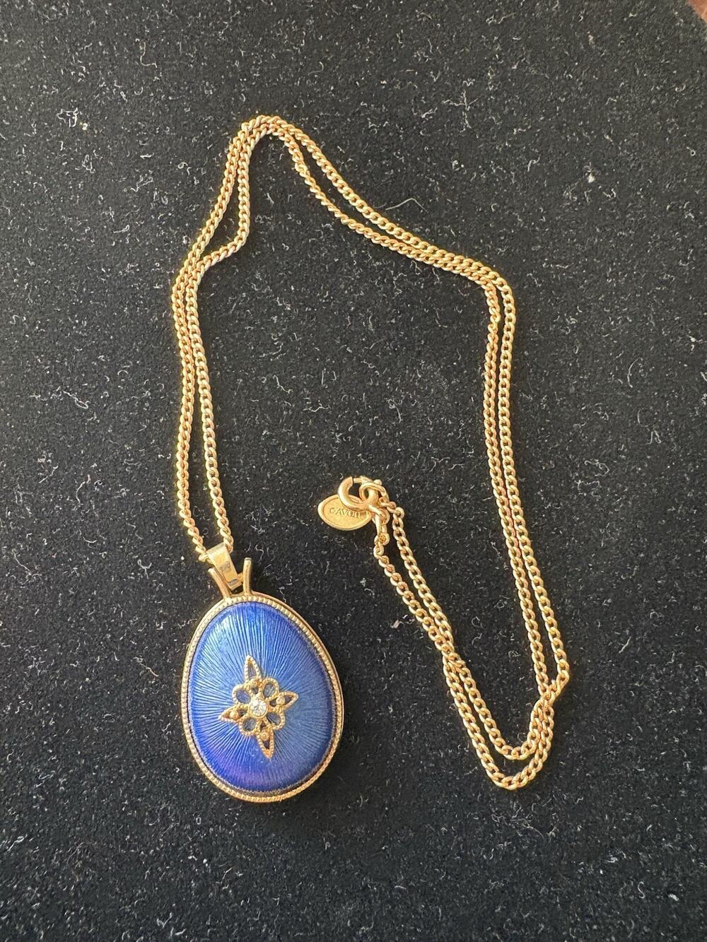 Avon Necklace Blue Egg Enamel Rhinestone Gold-tone Chain Vintage